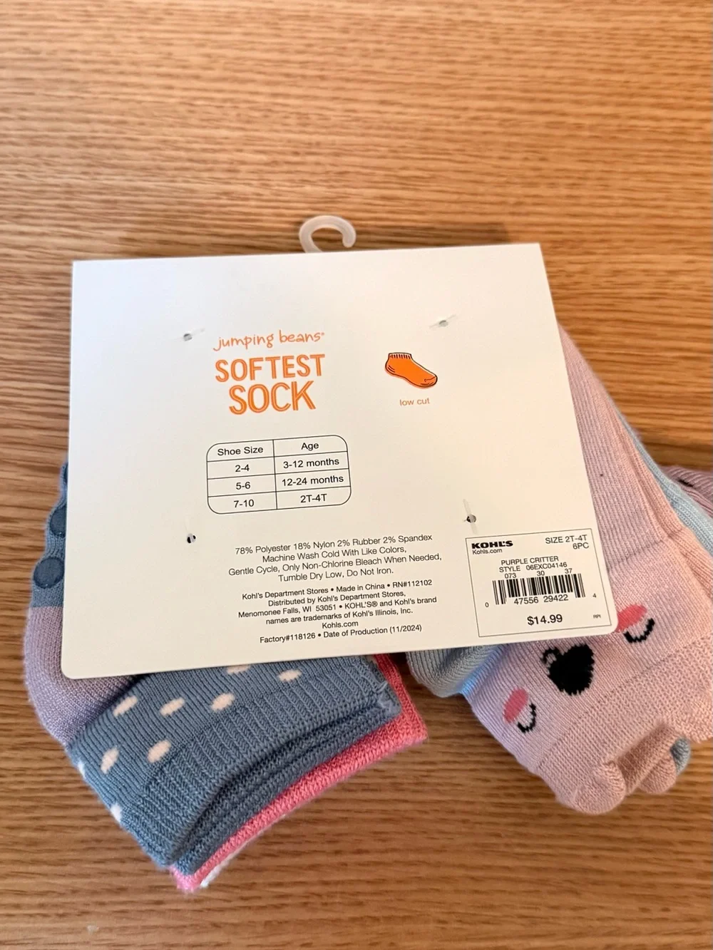 jumping beans 6-Pack Low-Cut Kids Socks - Purple, White, Pink, Blue, size 2T/4T